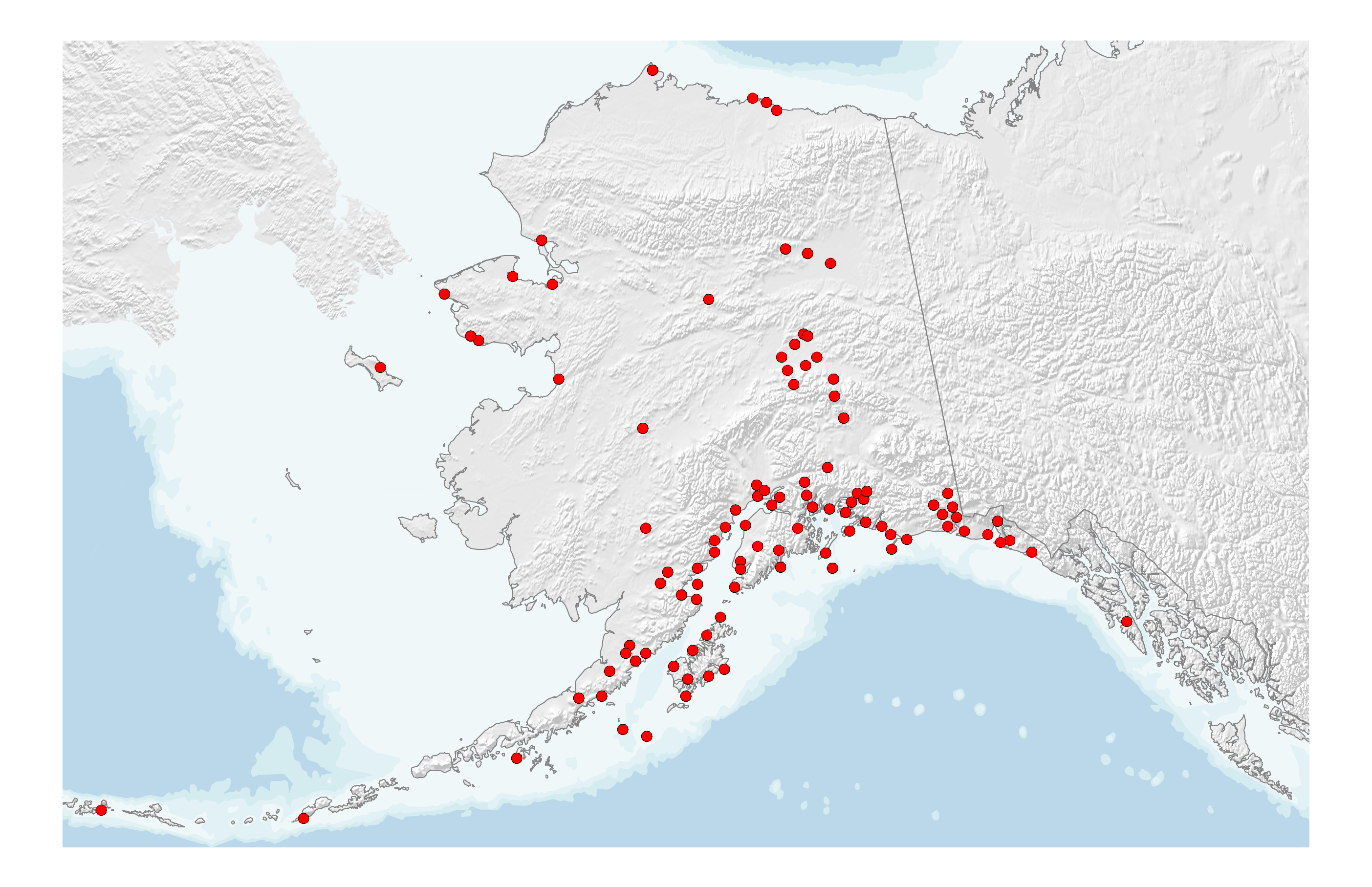 Map of Alaska showing seismic stations clustered in southern Alaska and around Fairbanks, with a few in the Aleutians and Seward Peninsula.