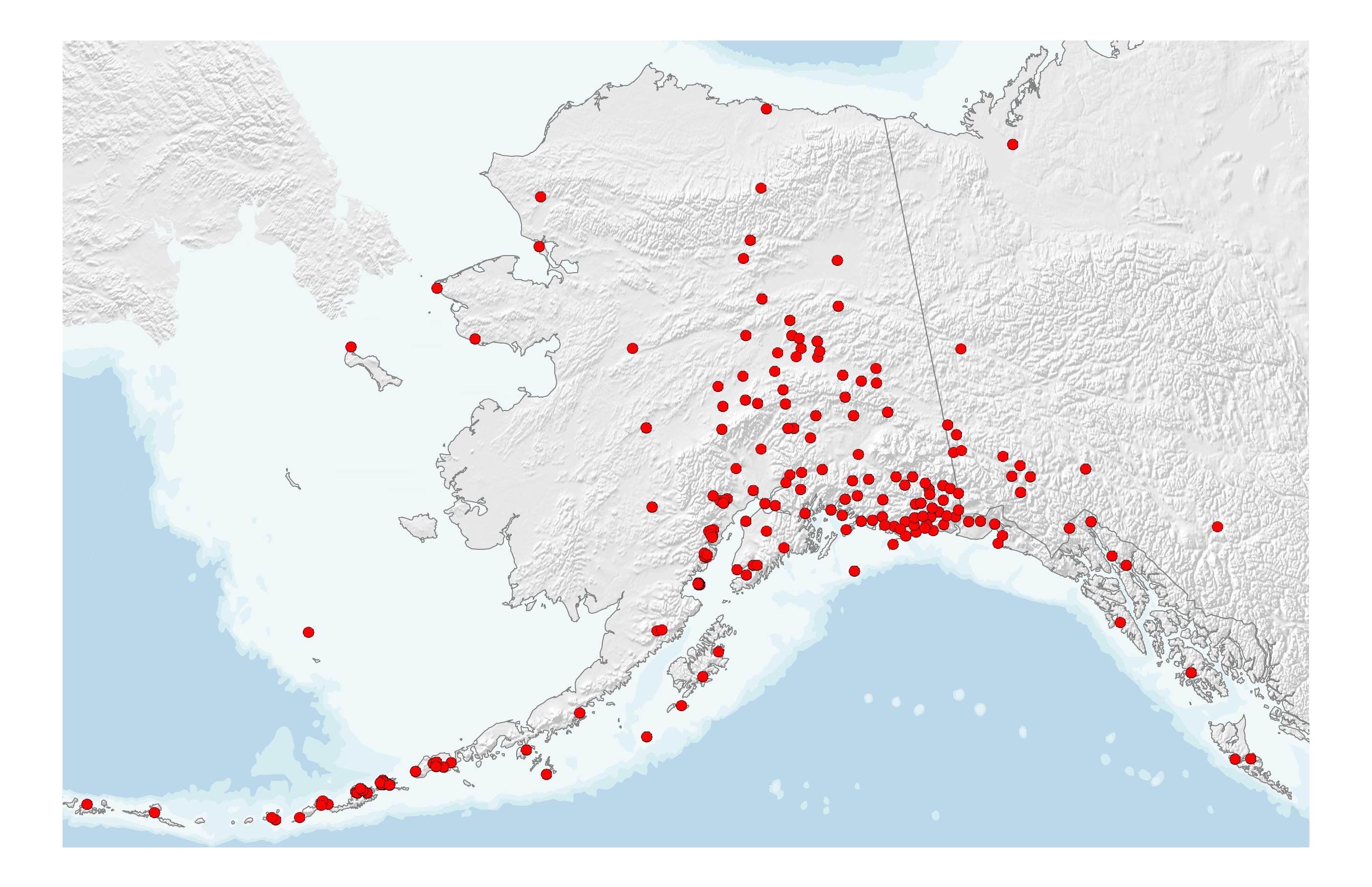 The monitoring network as it existed in 2014 after the project expansions, more stations in the Aleutians and between Anchorage and Fairbanks.