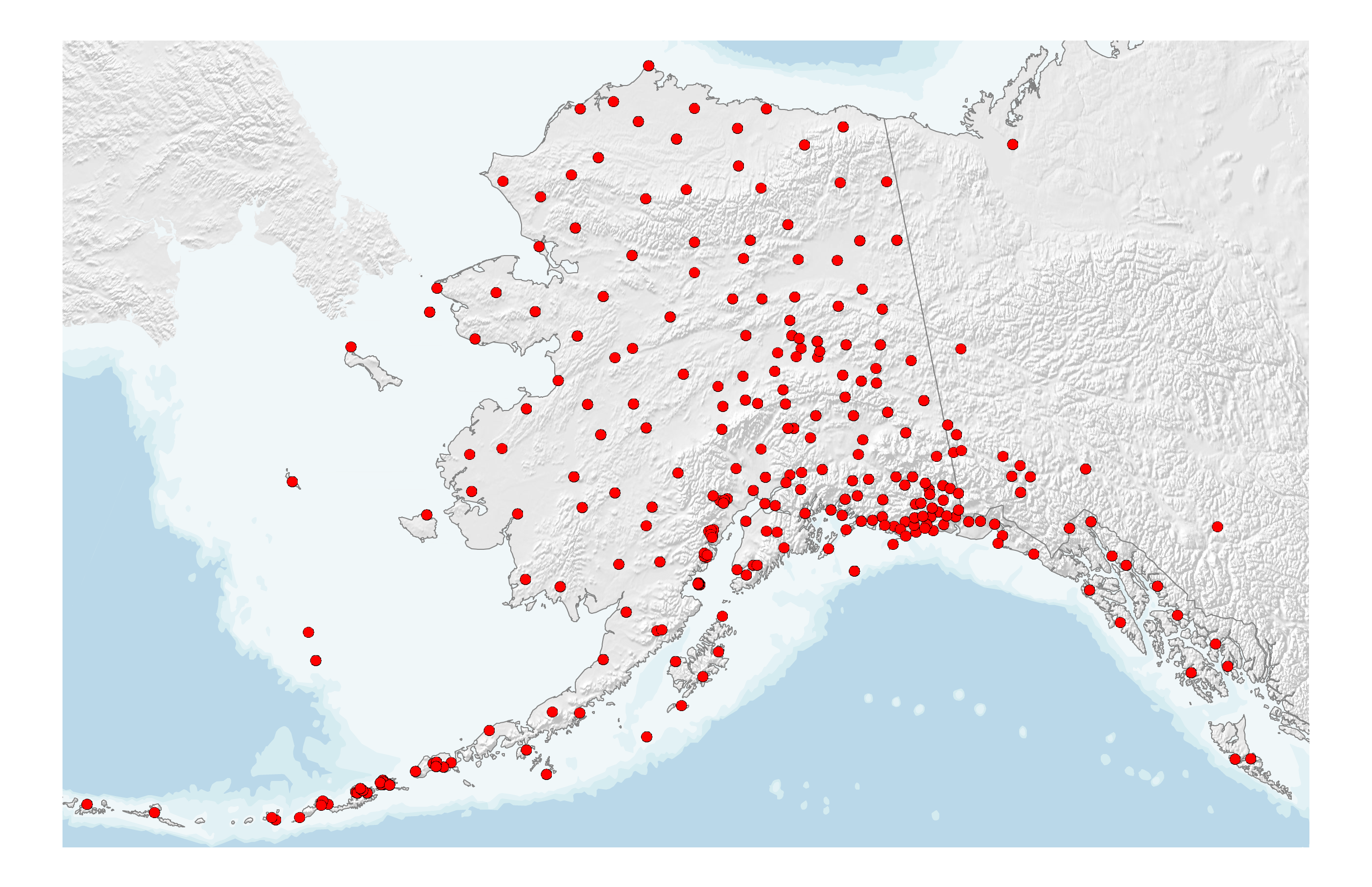 The monitoring network as it existed in 2019, with coverage across the entire state but with slightly fewer stations than during the USArray deployment..