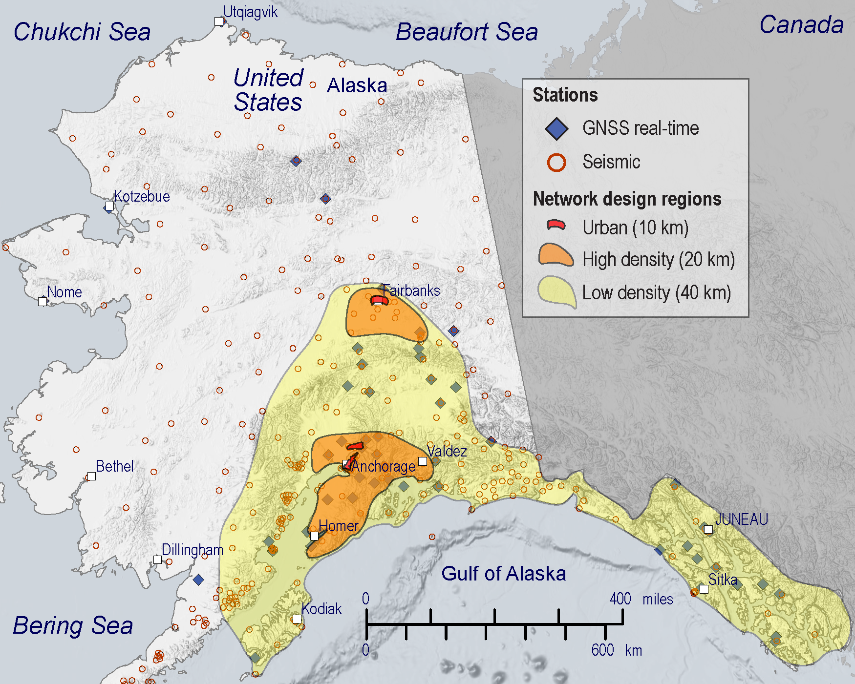 Planned areas of different seismic station densities in Alaska for earthquake early warning, with the densest areas around Fairbanks and Anchorage, surrounded by medium density areas. The rest of Southcentral and Southeast Alaska show low density spacing.