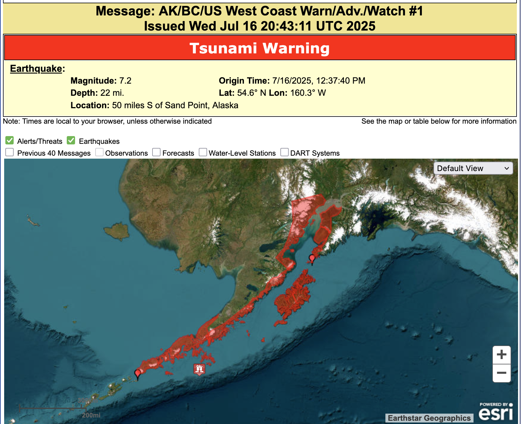 Map of initial tsunami warning area issued by the National Tsunami Warning Center.
