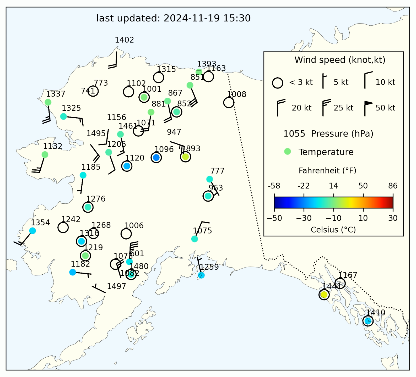 Map showing weather data from stations across Alaska.