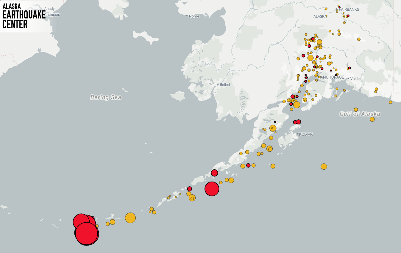 Map showing cluster of earthquakes in western Aleutians from Dec. 8–9, 2024