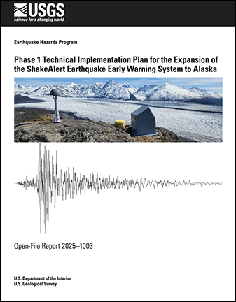 Cover of report showing seismogram and photo of station hut with glacier in background.