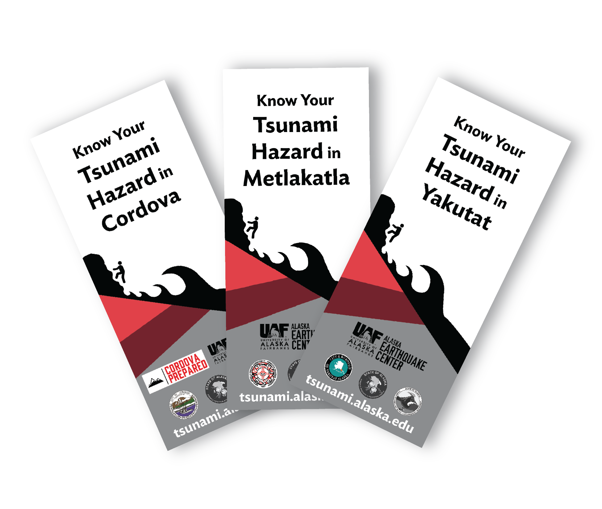 Covers of 3 brochures displayed as a fan shape. Each cover has simple graphics showing a red striped hill with the silhouette of a person climbing a steep hill and a large wave offshore. Title of the brochure on the left "Know your tsuanami hazard in Cordova", with similar titles for Metlakatla and Yakutat.